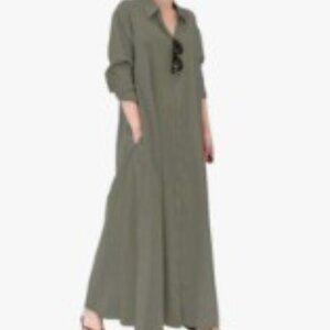 Ladyful Women's Button Linen Long Sleeve Maxi Shirt Dress